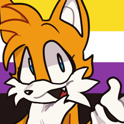 Size: 500x500 | Tagged: safe, artist:shedhogs, miles "tails" prower, fox, eyelashes, gloves, icon, looking at viewer, mouth open, nonbinary, nonbinary pride, one fang, pride flag background, solo