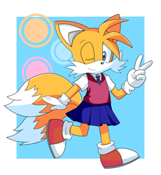 Size: 1260x1372 | Tagged: artist needed, safe, miles "tails" prower, fox, abstract background, blushing, border, crossdressing, femboy, gloves, looking at viewer, male, modern tails, running, schoolgirl outfit, shoes, skirt, smile, socks, solo, tie, v sign, wink
