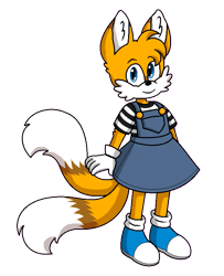 Size: 619x763 | Tagged: safe, artist:erasabledata, miles "tails" prower, fox, blue shoes, colored ears, crossdressing, dress, ear fluff, femboy, gloves, looking at viewer, male, shoes, simple background, smile, socks, solo, standing, transparent background