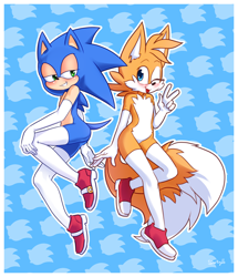 Size: 3306x3847 | Tagged: safe, artist:sparkydb, miles "tails" prower, sonic the hedgehog, fox, hedgehog, 2018, abstract background, blushing, clenched teeth, duo, ear fluff, femboy, lidded eyes, long gloves, long socks, looking at them, looking at viewer, male, males only, outline, shoes, tongue out, v sign, wink