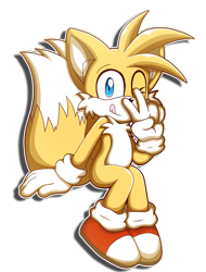 Size: 3800x5000 | Tagged: safe, artist:white-kitsuni, miles "tails" prower, fox, 2020, child, gloves, looking at viewer, male, outline, shoes, simple background, sitting, socks, solo, tongue out, transparent background, v sign, wink