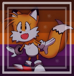 Size: 500x513 | Tagged: safe, artist:triplettailedfox, miles "tails" prower, fox, sonic mania adventures, absentiagender pride, abstract background, classic tails, colored ears, edit, eyelashes, icon, mobius.social exclusive, no source, one fang, pride flag, pride flag background, solo, standing, star (symbol), xenogender
