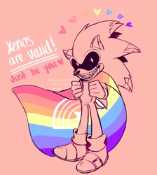 Size: 1836x2048 | Tagged: safe, artist:tailsmaster1, sonic the hedgehog, oc, oc:sonic.exe, hedgehog, black sclera, english text, hearts, holding something, looking at viewer, monochrome, mouth open, orange background, pride cape, pride flag, sharp teeth, simple background, smile, solo, standing, xenogender, xenogender pride