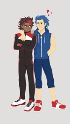 Size: 684x1208 | Tagged: safe, artist:ruviart, shadow the hedgehog, sonic the hedgehog, human, 2020, adult, arm around shoulders, arms folded, clenched teeth, duo, frown, gay, grey background, hand in pocket, heart, humanized, looking at each other, male, males only, shadow x sonic, shipping, simple background, smile, standing, wink