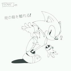 Size: 1280x1280 | Tagged: safe, artist:notnicknot, sonic the hedgehog, classic sonic, japanese text, monochrome, simple background, solo, white background