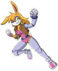 Size: 1280x1561 | Tagged: safe, artist:karlwarrior47, bunnie rabbot, character sheet, cyborg, female, looking at viewer, mid-air, solo, wink