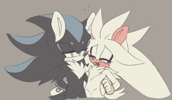 Size: 1260x738 | Tagged: safe, artist:dreamiexox, mephiles the dark, silver the hedgehog, hedgehog, 2019, chest fluff, duo, duo male, eyes closed, gay, grey background, heart, lidded eyes, looking at them, male, males only, mephilver, mouth open, no mouth, shipping, simple background, standing