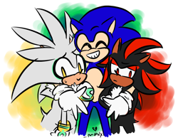 Size: 900x700 | Tagged: safe, artist:luucalio, shadow the hedgehog, silver the hedgehog, sonic the hedgehog, hedgehog, 2019, abstract background, arms around another's shoulders, chest fluff, clenched teeth, double v sign, eyes closed, frown, gay, gloves, heart, lidded eyes, looking offscreen, male, males only, polyamory, shadow x sonic, shipping, smile, sonadilver, sonilver, standing, sweatdrop, trio