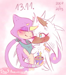 Size: 1600x1816 | Tagged: safe, artist:puffinpermuffin, espio the chameleon, silver the hedgehog, hedgehog, 2019, abstract background, anniversary, bandana, blushing, candle, chameleon, chest fluff, cupcake, duo, espibetes, eyes closed, gay, hand on another's hip, hand on another's shoulder, holding something, looking at them, male, males only, mouth open, one eye closed, shipping, silverbetes, silvio, smile
