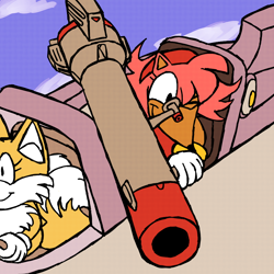 Size: 1000x1000 | Tagged: safe, artist:metallicmadness, amy rose, miles "tails" prower, fox, hedgehog, 2019, abstract background, airplane, clouds, duo, eyelashes, female, gloves, gun, holding something, looking ahead, looking down, male, one eye closed, redraw, sitting, smile, sonic x, this will end in property damage