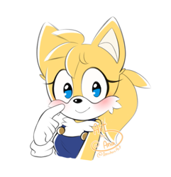 Size: 695x721 | Tagged: safe, artist:anuchasart, miles "tails" prower, fox, blushing, chest fluff, child, ear fluff, eyelashes, female, gender swap, gloves, looking at viewer, overalls, pointing, ponytail, signature, simple background, smile, solo, standing, white background