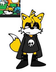 Size: 720x926 | Tagged: safe, artist:marcus, miles "tails" prower, fox, boots, emo, emo outfit, emo tails, jumper, lidded eyes, looking offscreen, male, meme, oversized, skull, solo, standing, style emulation, tails gets trolled