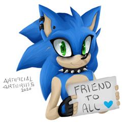 Size: 521x517 | Tagged: safe, artist:sonickinhelp, sonic the hedgehog, hedgehog, 2020, :3, ear piercing, emo, emo sonic, english text, eyeshadow, fingerless gloves, heart, holding something, lineless, looking at viewer, male, scar, simple background, smile, solo, spiked collar, white background