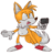 Size: 544x569 | Tagged: safe, artist:metallicmadness, miles "tails" prower, fox, 2018, child, eyelashes, gloves, gun, holding something, looking offscreen, male, mouth open, one fang, shoes, smile, socks, solo, standing, this will end in injury and/or death