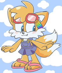 Size: 647x755 | Tagged: safe, artist:cherucat, miles "tails" prower, fox, 2016, :3, abstract background, arms out, blushing, chibi, clouds, cute, dress, gloves off, goggles, one fang, sandals, solo, standing, tailabetes, trans female, trans girl tails, transgender