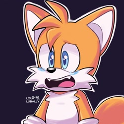 Size: 2000x2000 | Tagged: safe, artist:lou_lubally, miles "tails" prower, fox, sonic adventure, 2021, child, crying, fangs, gloves, looking ahead, male, mouth open, outline, purple background, redraw, sad, signature, simple background, solo, standing, tears of sadness