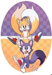 Size: 724x1031 | Tagged: safe, artist:miyartz, miles "tails" prower, oc, oc:odd the wolf, fox, wolf, abstract background, checkered background, chest fluff, duo, fangs, gloves, heterochromia, holding hands, looking at viewer, mid-air, mouth open, neck fluff, odd shoes, one fang, shoes, signature, smiling, socks
