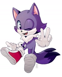 Size: 1155x1433 | Tagged: safe, artist:hikariviny, oc, oc:odd the wolf, 2020, boots, child, gloves, looking at viewer, mouth open, neck fluff, oc only, one fang, signature, simple background, smile, socks, solo, v sign, white background, wink