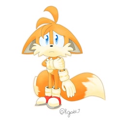 Size: 1080x1080 | Tagged: safe, artist:kgabi7, miles "tails" prower, fox, child, floppy ears, frown, gloves, hand on own arm, looking at viewer, sad, shoes, signature, simple background, socks, solo, standing, white background