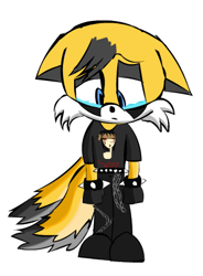 Size: 329x448 | Tagged: safe, artist:allicali, miles "tails" prower, fox, 2006, belt, chain, colored ears, colored tail, crying, dyed hair, emo, emo outfit, emo tails, frown, gloves, hawtorne heights, looking down, male, pants, shirt, shoes, simple background, solo, spiked bracelet, standing, tears, white background