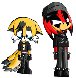 Size: 495x503 | Tagged: safe, artist:allicali, knuckles the echidna, miles "tails" prower, echidna, fox, 2006, alternate version, beanie, chain, crying, duo, emo, emo knuckles, emo outfit, eyeshadow, floppy ears, frown, hawtorne heights, looking at them, looking down, male, males only, spiked bracelet, standing