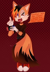 Size: 1052x1507 | Tagged: safe, artist:gloomybwuns, miles "tails" prower, fox, 2021, abstract background, belt, colored tail, dyed hair, emo, emo outfit, emo tails, hair over one eye, holding something, implied sonic, looking offscreen, male, mouth open, nintendo switch, one fang, pointing, solo, standing, wink