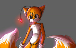 Size: 1280x814 | Tagged: safe, artist:purpleemerald19, tails doll, 2019, chest fluff, ear fluff, genderless, gloves, glowing, grey background, headlight, looking ahead, no mouth, simple background, solo, standing, stitches
