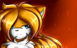 Size: 800x500 | Tagged: safe, artist:purpleemerald19, miles "tails" prower, fox, 2017, abstract background, adult, aged up, chest fluff, hair over one eye, lidded eyes, long hair, looking offscreen, male, older, solo, standing