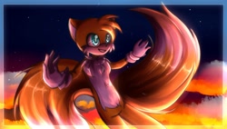 Size: 1900x1080 | Tagged: safe, artist:purpleemerald19, miles "tails" prower, fox, 2018, abstract background, arms out, chest fluff, clenched teeth, flying, glowing eyes, looking up, nighttime, outdoors, signature, smile, solo, star (sky)