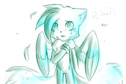 Size: 1500x1000 | Tagged: safe, artist:purpleemerald19, miles "tails" prower, fox, 2018, angel, angel wings, blue, chest fluff, crying, dialogue, ear fluff, english text, feather, floppy ears, hair over one eye, implied death, implied sonic, looking offscreen, male, monochrome, mouth open, simple background, solo, speech bubble, standing, tears of sadness, white background