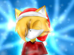 Size: 644x483 | Tagged: safe, artist:purpleemerald19, oc, oc:grey the wolf, wolf, 2015, abstract background, christmas hat, eyes closed, hair over one eye, male, oc only, shirt, smile, solo, yellow fur