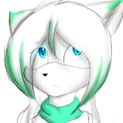 Size: 1500x1500 | Tagged: safe, artist:purpleemerald19, oc, oc:asumi the fox-cat, hybrid, blue eyes, colored ears, ear fluff, eye clipping through hair, female, fox-cat, frown, hair over eyes, looking up, scarf, shirt, simple background, solo, white background, white fur