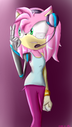 Size: 340x604 | Tagged: safe, artist:artlightmitc, artist:purpleemerald19, amy rose, hedgehog, 2016, amputee, clenched teeth, color edit, cyborg, female, gloves, gradient background, headset, looking offscreen, pants, solo, standing, tank top