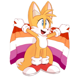 Size: 746x803 | Tagged: safe, artist:devotedsidekick, editor:taeko, miles "tails" prower, fox, edit, eyelashes, female, gloves, holding something, lesbian pride, looking up, mouth open, no source, pride, pride flag, shoes, simple background, socks, solo, standing, trans female, trans girl tails, transgender, transparent background