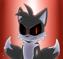 Size: 2496x2316 | Tagged: safe, artist:interstellarchaosss, miles "tails" prower, oc, oc:tails.exe, fox, 2022, angry, black sclera, clenched teeth, gradient background, looking at viewer, red eyes, signature, solo, standing