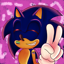 Size: 3000x3000 | Tagged: safe, artist:fuschiaflare, sonic the hedgehog, hedgehog, 2022, abstract background, aromantic pride, asexual pride, clenched teeth, eyes closed, facepaint, gloves, headcanon, male, modern sonic, smile, solo, standing, v sign