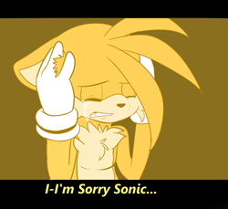 Size: 1001x915 | Tagged: safe, artist:raygirl12, miles "tails" prower, fox, 2013, border, chest fluff, clenched teeth, crying, dialogue, english text, eyes closed, floppy ears, gloves, hands on own head, long bangs, male, sad, simple background, solo, standing, tears of sadness, yellow background