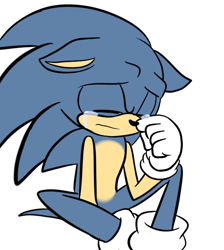 Size: 736x823 | Tagged: safe, artist:raygirl12, sonic the hedgehog, hedgehog, 2013, crying, flat colors, floppy ears, frown, gloves, sad, simple background, sitting, socks, solo, tears of sadness, white background