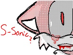Size: 256x192 | Tagged: semi-grimdark, artist:spaazledazzle, miles "tails" prower, oc, oc:tails.exe, fox, 2013, bleeding from eyes, bleeding from mouth, blood, floppy ears, implied sonic, looking ahead, male, red eyes, simple background, solo, standing, transformation, white background