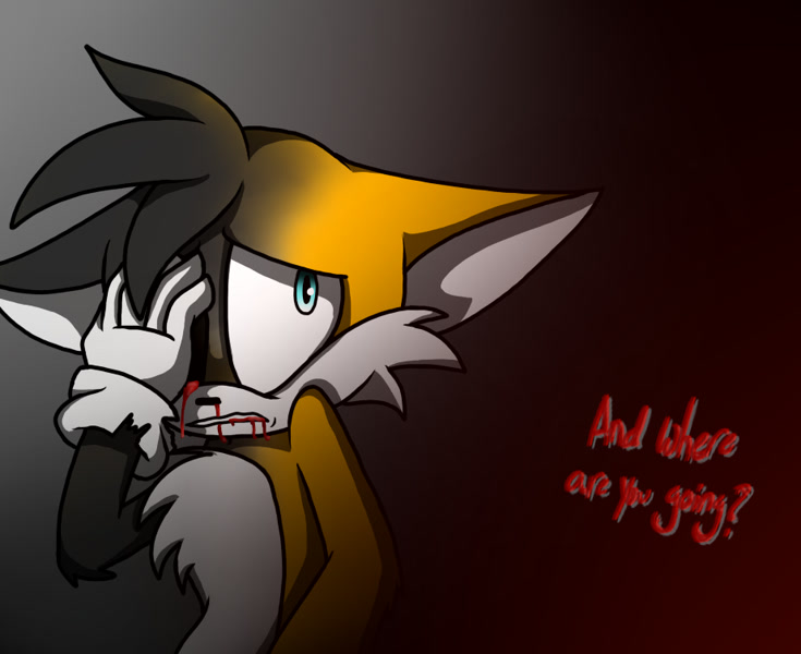 8213 - semi-grimdark, artist:evilmoka, miles tails prower, oc, oc:tails. exe, black sclera, bleeding from eyes, blood, friday night funkin, glowing  eyes, grey background, looking at viewer, no mouth, red eyes, simple  background, solo 