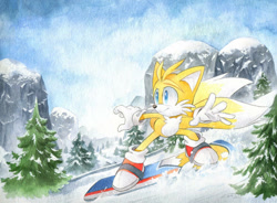 Size: 1024x752 | Tagged: safe, artist:finikart, miles "tails" prower, snowboard, solo