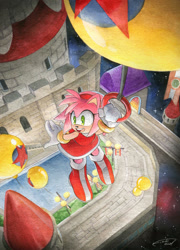 Size: 1024x1419 | Tagged: safe, artist:finikart, amy rose, balloon, holding something, outdoors, smile, solo, twinkle park