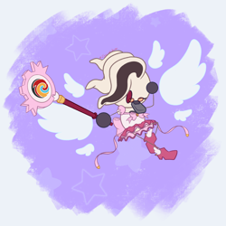 Size: 5000x5000 | Tagged: safe, artist:eggs-and-shrimp, dr. starline, angel wings, boots, bow, dress, glasses, holding something, looking at viewer, magical girl outfit, male, pink shoes, purple background, ribbons, salute, solo, star (symbol), tricore, wand, wings, wink