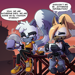Size: 2400x2400 | Tagged: safe, artist:corythec, tangle the lemur, whisper the wolf, coffee, dialogue, diamond cutters outfit, duo, females only, sitting, sunset, tangle's running suit, whispering