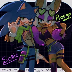 Size: 3600x3600 | Tagged: safe, artist:octoooo__, rouge the bat, sonic the hedgehog, club outfit, duo, fishnets, glasses, looking at viewer, one fang, top surgery scars, trans male, water bottle