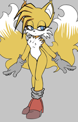 Size: 1500x2344 | Tagged: safe, artist:taeko, miles "tails" prower, oc, oc:villain miles, fox, comic:where was my hero?, base used, chest fluff, ear fluff, eyelashes, female, frown, gender swap, gloves, grey background, heels, lidded eyes, looking offscreen, mobius.social exclusive, simple background, socks, solo, standing