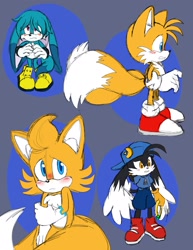 Size: 1583x2048 | Tagged: safe, artist:candicindy, kit the fennec, miles "tails" prower, skye prower, fox, 2022, abstract background, blushing, embarrassed, fennec, frown, gloves, hand on own arm, hands together, klonoa, looking at viewer, looking offscreen, male, males only, shoes, socks, standing, trio