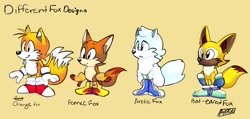 Size: 1343x639 | Tagged: safe, artist:artisyone, miles "tails" prower, oc, fox, 2020, arctic fox, bat-eared fox, clenched teeth, colored ears, colored tail, english text, fennec, fingerless gloves, frown, gloves, group, looking offscreen, male, shoes, signature, simple background, smile, socks, standing, yellow background