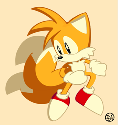 Size: 879x935 | Tagged: safe, artist:lalo2795, miles "tails" prower, fox, 2022, classic tails, gloves, looking offscreen, male, mid-air, no mouth, orange background, shoes, signature, simple background, socks, solo