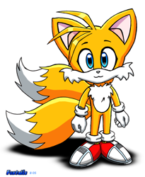 Size: 508x620 | Tagged: safe, artist:foxtails, miles "tails" prower, fox, 2005, aged down, bracelet, colored ears, cute, gloves, jet anklet, looking at viewer, male, shoes, simple background, socks, solo, standing, tailabetes, white background, younger